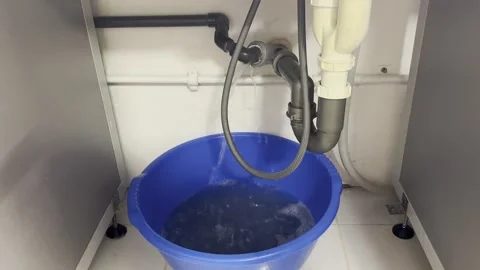 Water leaking from a pipe under a sink into a plastic basin Stock Footage 338171918