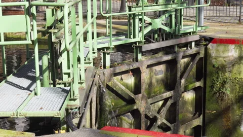 Water leaking through a closed lock gate on Canal Saint-Martin in Paris Stock Footage 149142552