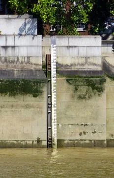 Water level depth meter in river Thames, London, England, UK Stock Photos