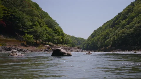 Water Level View Hozu River Surrounded by Cedar and Cypress - Kyoto, Japan Stock Footage 336830198