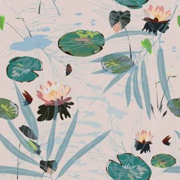 Water lilies on a beige background, leaves in the pond, flowers, seamless pat Stock Illustration