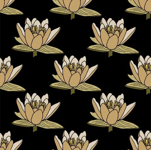 Water lily flower seamless pattern. Isoalted on back background. Stock Illustration