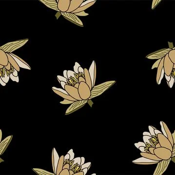 Water lily flower seamless pattern. Isoalted on back background. Stock Illustration
