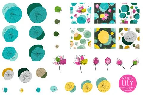 Water lily, set of elements and seamless patterns Stock Illustration