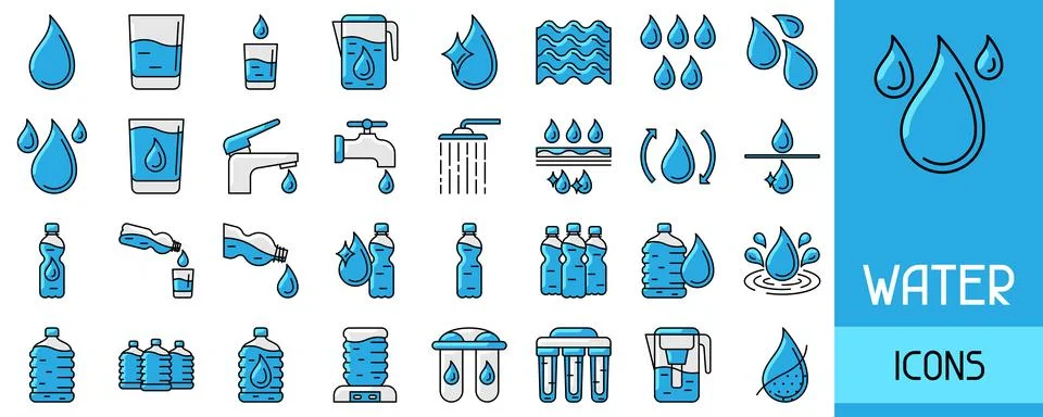 Water linear icon set. Aqua or liquid thin line illustration. Stock Illustration