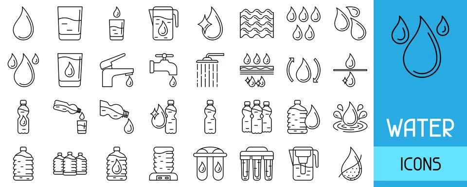 Water linear icon set. Aqua or liquid thin line illustration. Stock Illustration