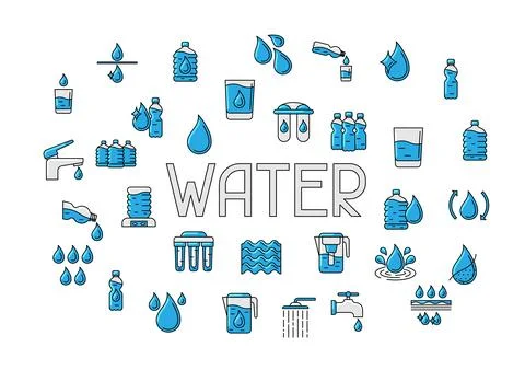 Water linear icons background. Aqua or liquid thin line illustration. 스톡 일러스트