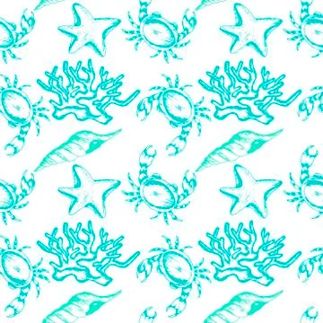 Water Living Creatures Vector Seamless Pattern. Marine Decorative Wallpaper Stock Illustration