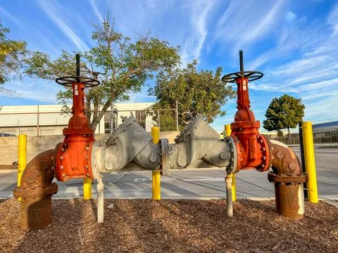 Water main pipe with back flow prevention and double block Foto stock