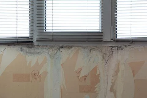 Water marks on the wall under the plastic window. Preparation for the renovat Foto stock