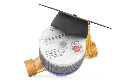 Water meter with education hat. 3D rendering Stock Illustration