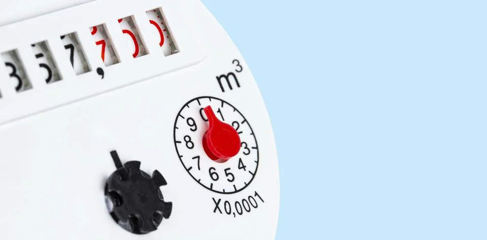 Water meter numeric panel on light blue background, copy space. 스톡 사진