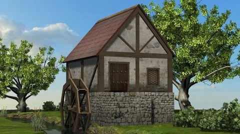 Water mill on the brook between trees Stock Illustration