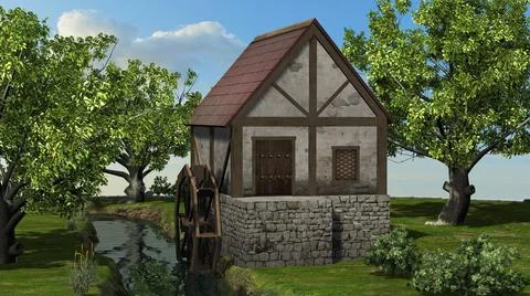 Water mill on the brook between trees Illustrazione stock