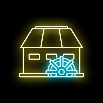 Water mill building generating clean energy neon icon Ilustração Stock