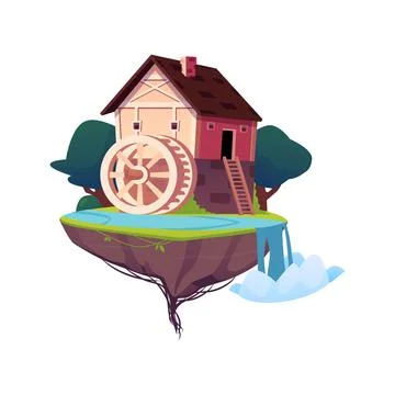 Water mill on a flying platform, vector illustration for game design. Stock Illustration