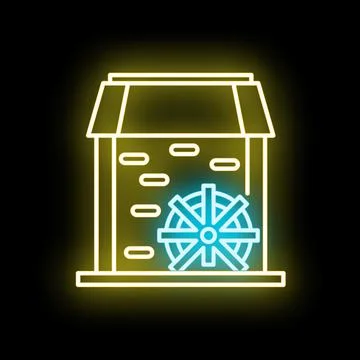 Water mill machine neon lighting generating energy Ilustración de archivo