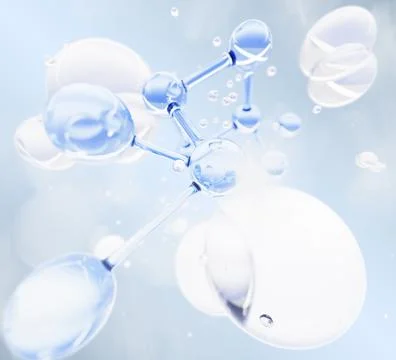 Water molecule with bubbles on light blue 3d background. Liquid cosmetic product Stock Illustration