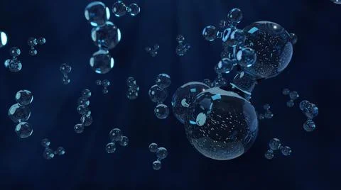 Water Molecules on Blue Background. Macro Wallpaper with Copy-Space. 3d Rende Stock Illustration