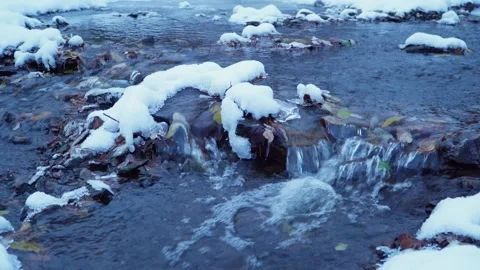 The water of the mountain river flows and does not freeze in winter. Stock Footage 261129331