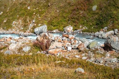 Water of a mountain river flows between summer stones, mountains of switzerla Stock Photos