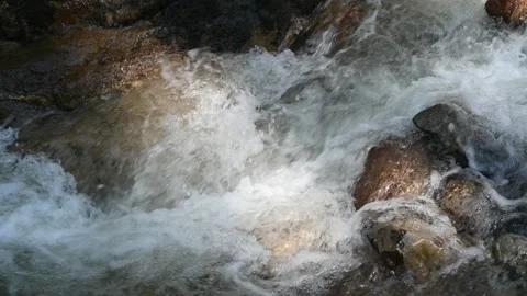 Water from a mountain river runs fast between stones Video stock 219360652