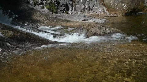 Water from a mountain stream runs over rocks and into a pool (slow motion) Video stock 219646387