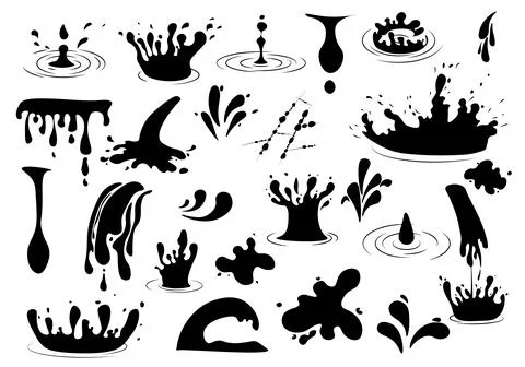 Water or oil drops. Vector black icon set of current drops, waves, tears, spr Stock Illustration