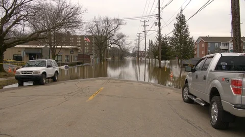 Water over road and apartment flooding. Video stock 89540407