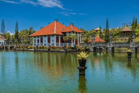 Water Palace Taman Ujung in East Bali. Balinese architecture with lake on s.. Stock Photos