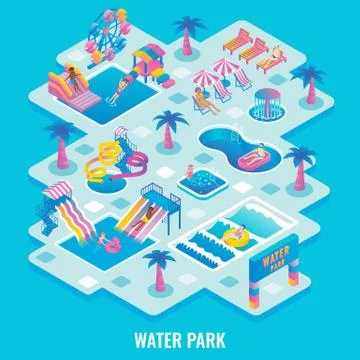 Water park concept vector flat isometric illustration Stock Illustration
