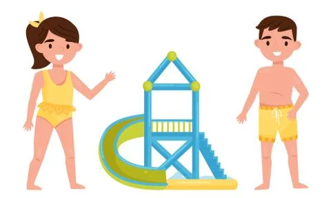 Water Park Elements Set, Kids Enjoying Attractions in Aquapark Vector Illustrazione stock