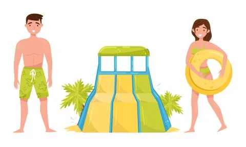 Water Park Elements Set, People Enjoying Attractions in Aquapark Vector Stock Illustration