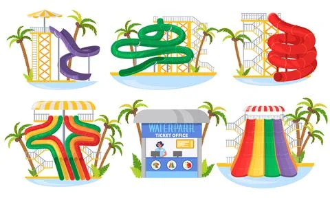 Water park slide set, flat vector isolated illustration. Aqua park attractions Stock Illustration