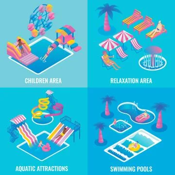 Water park vector flat isometric poster set Stock Illustration