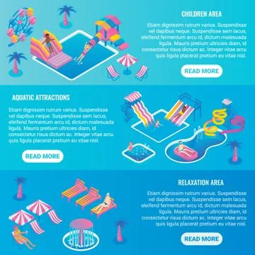 Water park vector flat isometric horizontal banner set Ilustração Stock