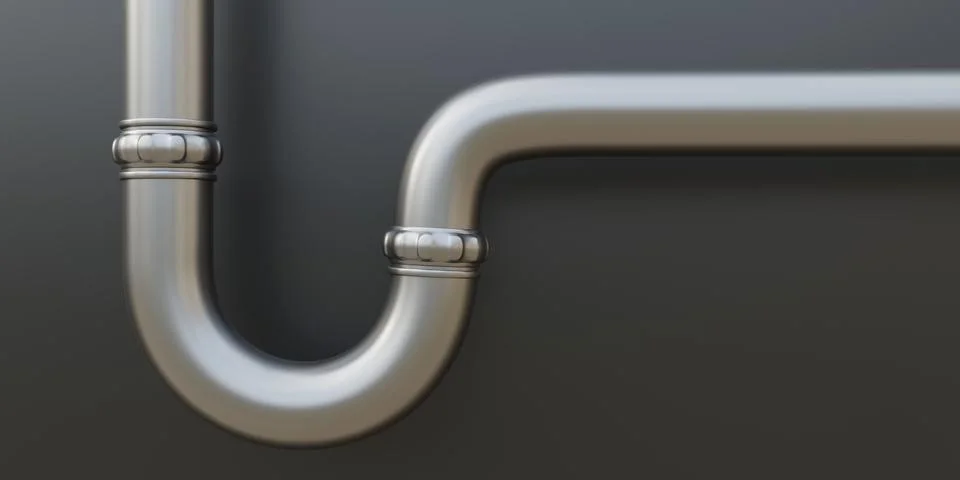 Water pipe under kitchen sink on grey wall background. Close up view of new s Stock Illustration
