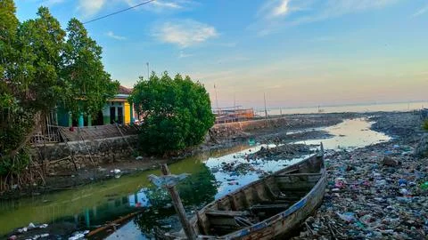 Water pollution due to human activities around downstream rivers and seas. .. Stock Photos