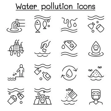 Water pollution, Ecology problem icon set in thin line style Stock-Illustration