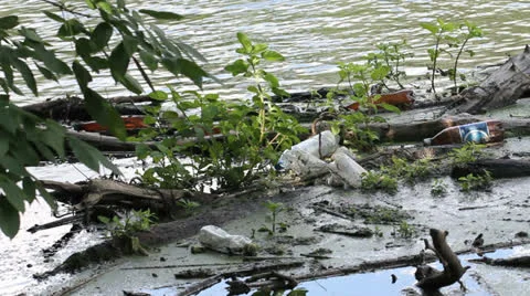 Water pollution / garbage in river Stockbeeldmateriaal 25423593
