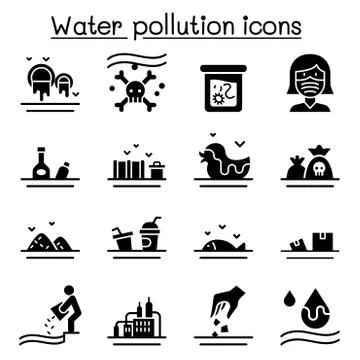 Water pollution icon set flat style Stock Illustration