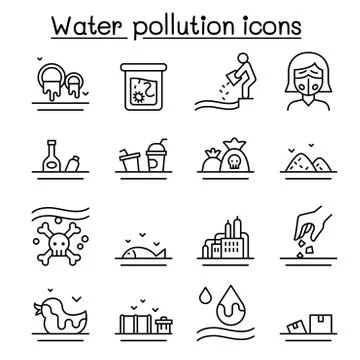 Water pollution icon set in thin line style Stock Illustration