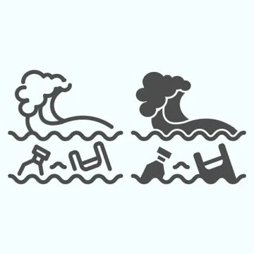 Water Pollution line and solid icon. Plastic in sea with wave illustration Stock Illustration