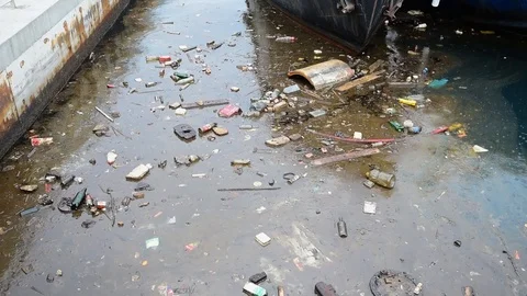 Water pollution old garbage and oil patches on sea surface. Stock Footage 88664769