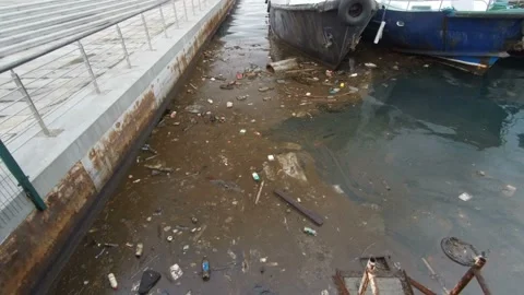 Water pollution old garbage and oil patches on sea surface. 動画素材 88667657