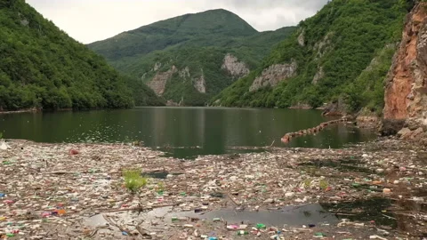 Water pollution with plastic waste in a mountain lake Stock-Footage 333149295