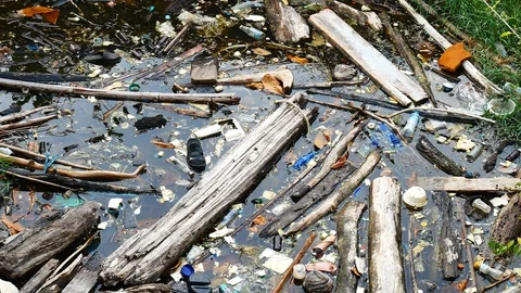 Water pollution problem Garbage floating in the river the problem is caused b Stock Footage 106702033