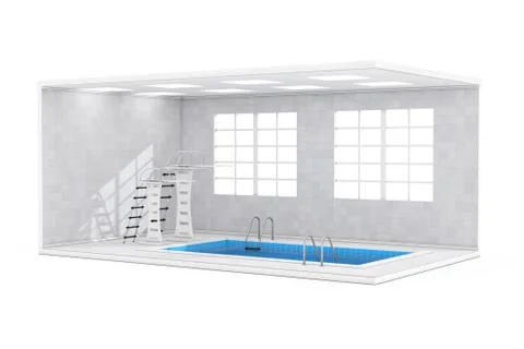 Water Pool Interior with Large Windows, Jump Boards and Swimming Pool. 3d Ren Stock Illustration