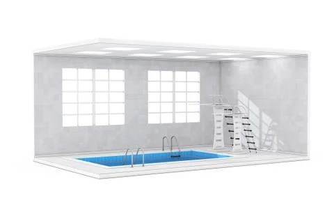 Water Pool Interior with Large Windows, Jump Boards and Swimming Pool. 3d Ren イラスト素材