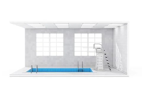 Water Pool Interior with Large Windows, Jump Boards and Swimming Pool. 3d Ren Stock Illustration
